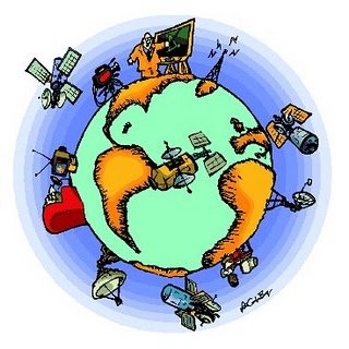 Globo terrestre com simbolos de diferentes formas de comunicacao a sua volta