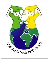 deaf Logo Deaf Academics 2010 - Brazil - Dois estudantes com beca e diploma na mao em cima de um globo terrestre