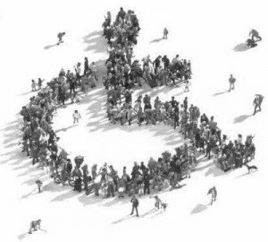 Desenho de cadeira de rodas vista de cima, formada por união de pessoas