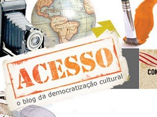 Logo do Blog Acesso - o blog da democratização cultural - imagens de câmera fotográfica antiga, globo terrestre, pincel traçando linha laranja e mouse