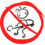 Ilustração de menino trabalhando com pá, dentro de círculo vermelho com traço no meio