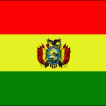 Bandeira da Bolívia - três faixas horizontais vermelha, amarela e verde, com brasão no centro