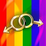 casamento gay Bandeira do movimento gay no fundo com duas aliançcas na forma do símbolo masculino entrelaçadas