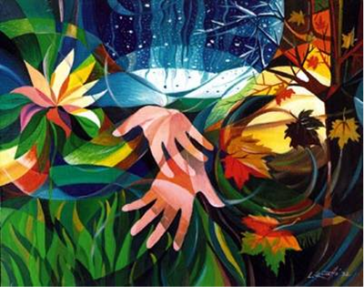 Pintura colorida onde se veêm plantas flores e duas mãos