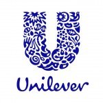 Logotipo da Unilever Letra U em azul em fundo branco formada por vários objetos e palavra Unilever escrita embaixo