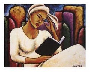 Pintura de mulher negra lendo livro.