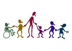 Inclusive - educação especial - ilustração de figuras humanas de diversos tamanhos e cores