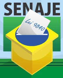 SENAJE - a bandeira do Brasil transformada em uma urna. A cédula mostra "Lei 9840", a Lei da Ficha Limpa.