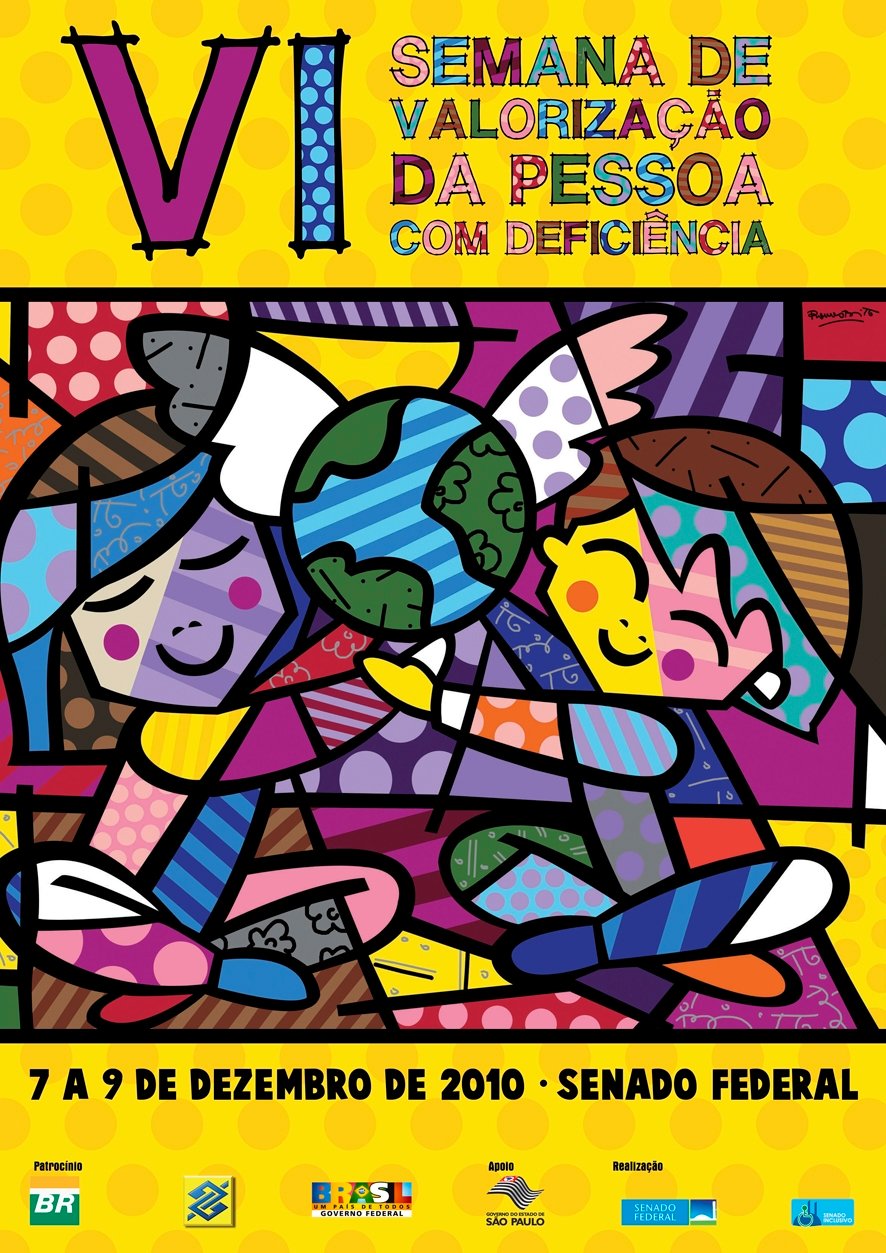 Cartaz VI Semana Deficiente Cartaz da VI Semana da de Valorizacao da Pessoa com Deficiencia - 7 a 9 de dezembro de 2010 - Senado Federal - Ilustracao colorida de duas criancas sentadas de pernas cruzadas no chao segurando um globo terrestre