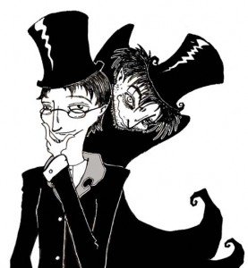dr-jekyll-and-mr-hyde1 Ilustração em branco e preto mostrando personagens de O Médico e o Monstro - Figura de homem de cartola em primeiro plano e saindo por trás dele figura com cara de monstro de cartola