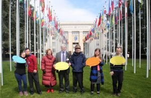 Down syndrome self advocates pose for picture in front of the UN building during the World Down Syndrome Day events at the Palais the Nations, United Nations, Geneva. 21/03/2018 Photo: Paula Dias Leite