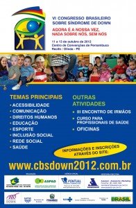 Logo da Federacao de Sindrome de Down, cartaz em azul e branco com fotos de criancas e adultos com sindrome de Down. Texto do cartaz no corpo da publicação.