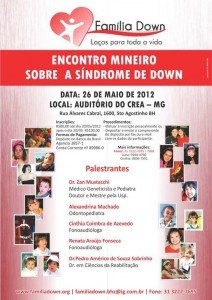 Cartaz do Encontro, com fotos e fundo vermelho degradê. Promovido pela Família Down, Laços para toda a Vida. Texto no post.