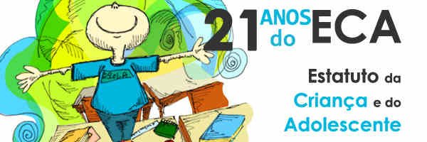 Ilustração de menino, com uma camiseta escrito escola e livros atrás - 21 Anos do Eca - Estatuto da Criança e do Adolescente