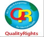 Logotipo de Quality Rights, um Q vermelho e um R amarelo entrelacados, sobre um desenho do globo terrestre. Unite and Empower for Mental Health