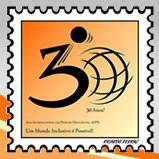 Selo comemorativo aos 30 anos da declaração do Ano Internacional das Pessoas Deficientes, instituído pela ONU. O selo tem o fundo da cor laranja e um desenho estilizado, em preto, do número 30 e a sigla AIPD - Descrição Katia Fonseca Selo comemorativo aos 30 anos da declaração do Ano Internacional das Pessoas Deficientes, instituído pela ONU. O selo tem o fundo da cor laranja e um desenho estilizado, em preto, do número 30 e a sigla AIPD - Descrição Katia Fonseca