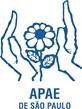 Logo da APAE de SP - Desenho em azul, mostrando duas mãos protegendo uma flor.