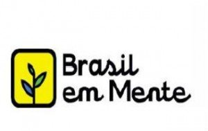 Logotipo da Brasil em Mente, sobre fundo amarelo, nasce uma prantinha com folhas azul e verde e a inscrição Brasil em Mente