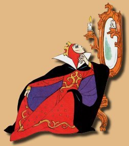 Bruxa má do desenho da Branca de Neve se olha no espelho.