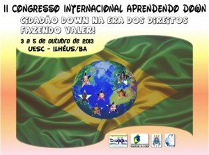 Cartaz do evento - Bandeira do Brasil com estrelas com carinhas de pessoas com síndrome de Down.