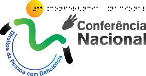 Logo da Conferencia Nacional, boneco em cadeira com inscrição em braile saindo de sua cabeça.