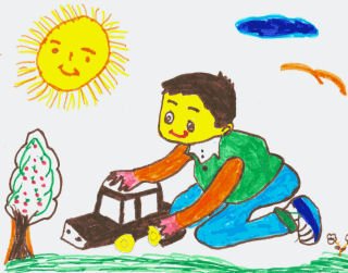 Desenho infantil de meino brincando com caminhão