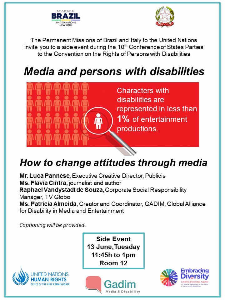 LEAFLET OF THE EVENT INFORMATION IN THE TEXT. IMAGE OF PERSON ILLUSTRATION - LESS THAN 1% CHARACTERS WITH DISABILITIES ON TV.