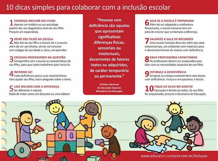 Ilustração de crianças brincando. Folheto com 10 dicas para promover a inclusão.