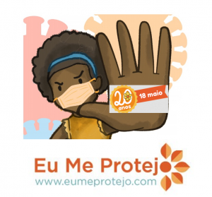 logo eu me protejo - 18 de maio - menina com Mao espalmada a frente em Silas de pare - ilustração.