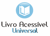 Círculo azul com ilustração de livro branco dentro e as palavras Livro Acesível Universal.