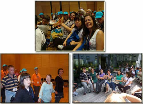 Fotos de Mariana Amato participando do Congresso em 3 situações - sentada durante a plenária, ao lado da facilitadora Fabiana Duarte e outros jovens, alguns deles comm boné azul, em uma atividade, de pé com outros jovens à sua volta, e sentada num ambiente ao ar livre, numa roda de cadeiras junto com outros jovens presentes ao evento.