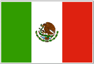 Bandeira do México, três faixas verde à esquerda, branca no meio e vermelha à direita. Na faixa branca, uma águia pisando em uma serpente com suas garras.