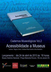 Sob fundo azul, imagem do livro Acessibilidade em Museus e dados sobre o lançamento.