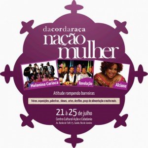 Cartaz do evento em cor vinho, com fotos de Melanina Carioca, Revelação e Alcione.