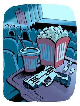 Na plateia do cinema, uma bandeja com um copo de refrigerante, pipocas e uma pistola. Na plateia, alguem vestido de Batman virado de costas Na plateia do cinema, uma bandeja com um copo de refrigerante, pipocas e uma pistola. Na plateia, alguem vestido de Batman virado de costas