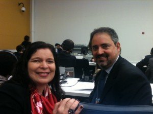 Representative of Down Syndrome International and Brazilian Federation of Down Syndrome Associations, Patricia Almeida, and the delegate of the Brazilian Mission to the UN, Counsellor João Lucas Quental during the plenary at the UN.