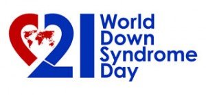 Logotipo do dia internacional da sindrome de Down - World Down Syndrome Day, em vermelho e azul
