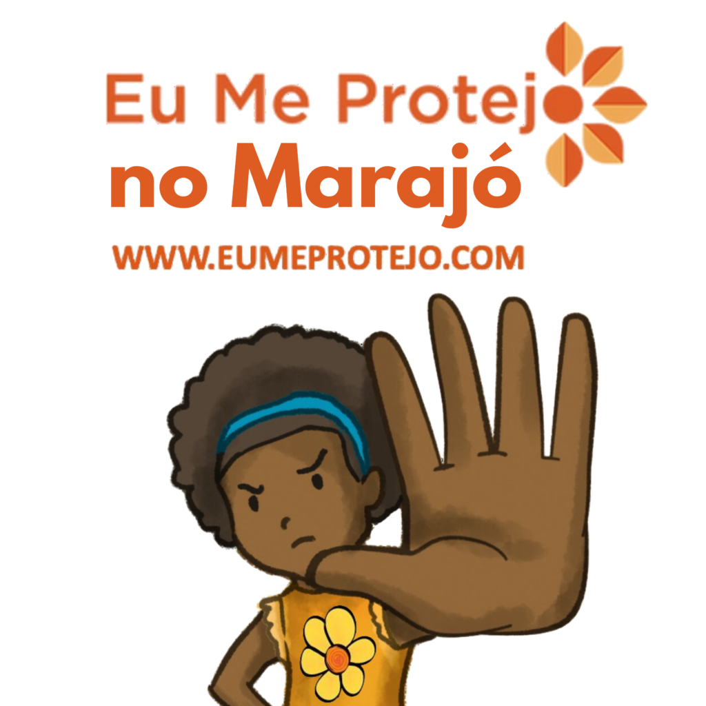 logo eu me protejo, menina negra de vestido amarelo com flor faça bonito estampado, cara enfeada e mão espalmada à frente em sinal de pare. eu me protejo no marajó. eumeprotejo.com.
