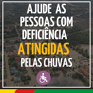 card - ajude as pessoas com deficiência atingidas pelas chuvas. simbolo cadeirante.