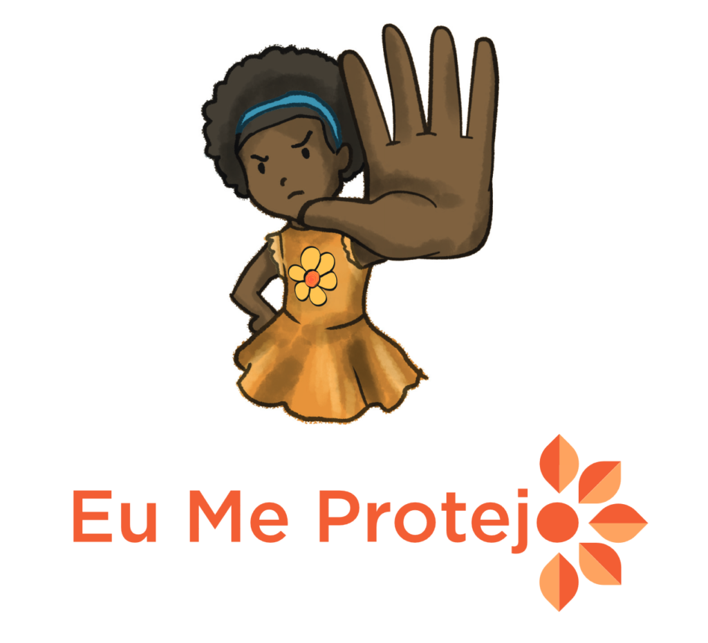 mascote do eu me protejo - menina negra com cara enfezada e mao aberta espalmada a frente em sinal de pare. flor faca bonito no vestido amarelo.