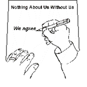 desenho de mao escrevendo , em inglês, em papel com titulo nada sobre nos sem nos, "nós concordadmos".
