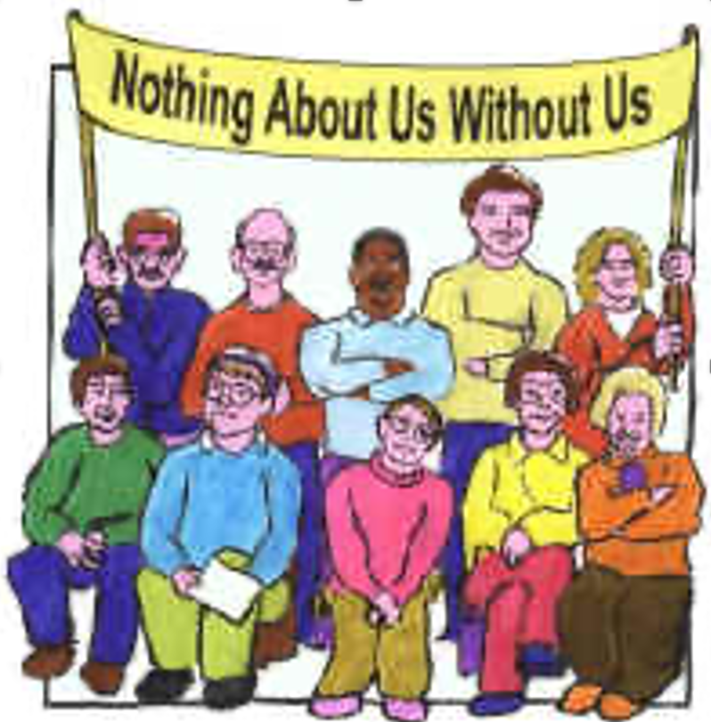 ilustração colorida de grupo segurando faixa nada sobre nós sem nós (em inglês), alguns sentados, outros em pé.