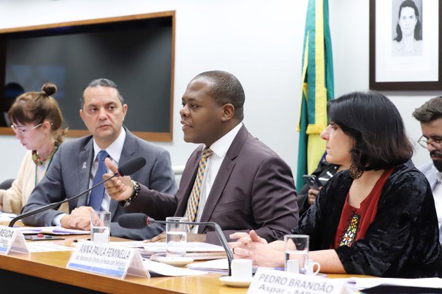 ministro silvio almeida, presidente da momissão e secretaria anna paula feminella , na mesa da comissão.