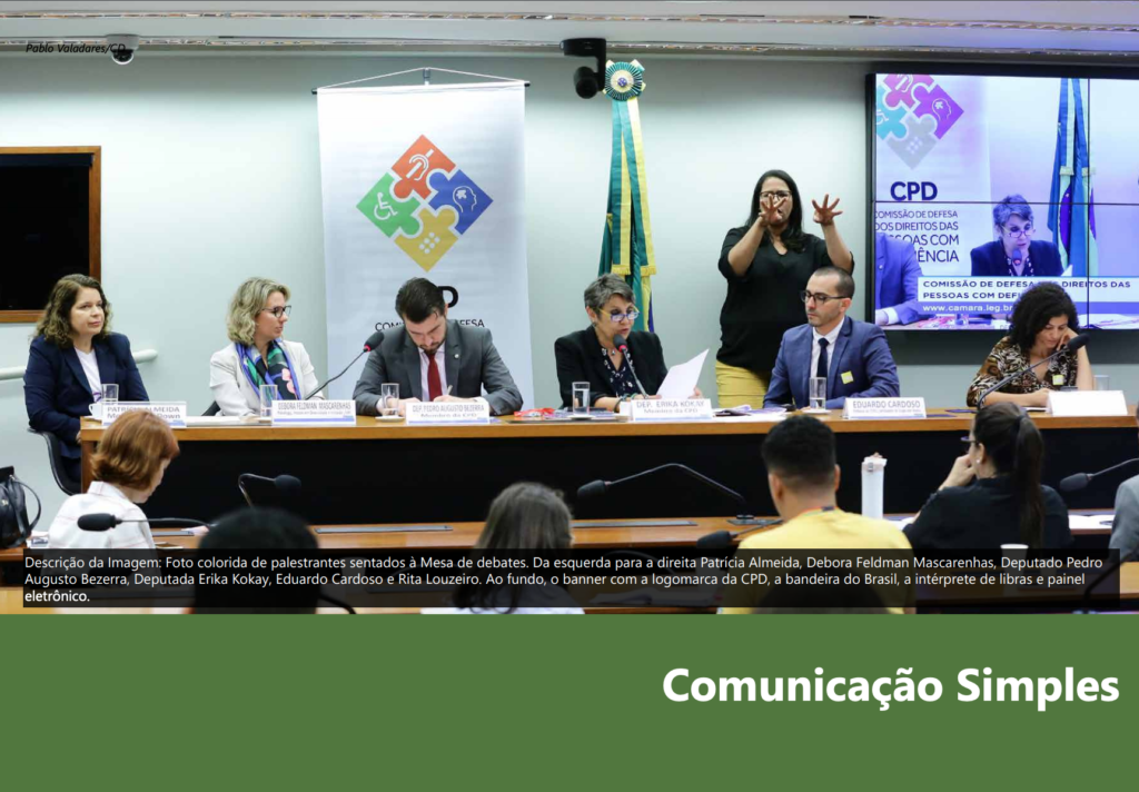 Palestrantes sentados à Mesa de debates. Patricia Almeida, Debora Feldnman Mascarenhas, Deputado Pedro Augusto Bezerra, Deputada Erika Kokay, Eduardo Cardoso e Rita Louzeiro. Ao fundo, banner com a logomarca da Comissão dos Direitos das Pessoas com Deficiência, a bandeira do Brasil, a intérprete de Libras e a tela com a transmissão da reunião, mostrando a deputada Erika Kokay.