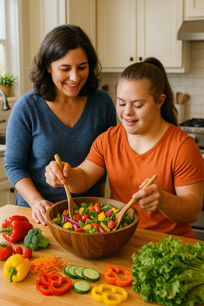 mulher e jovem com síndrome de Down fazem uma salada juntas.