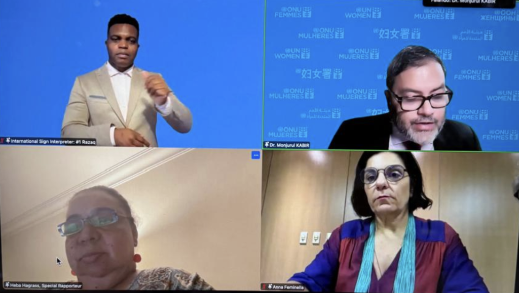 tela virtual, 2 homens e duas mulheres, um interprete de libras.