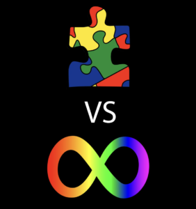 fundo preto, peça de quebra cabeça colorida, vs símbolo do infinito colorido.