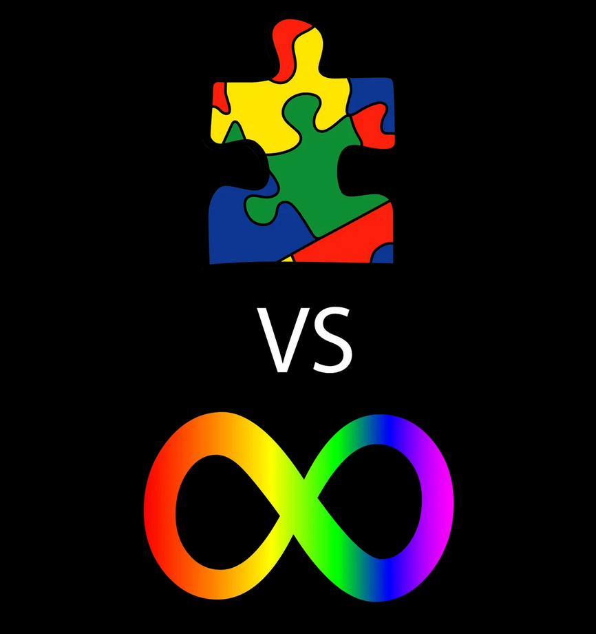 fundo preto, peça de quebra cabeça colorida, vs símbolo do infinito colorido.