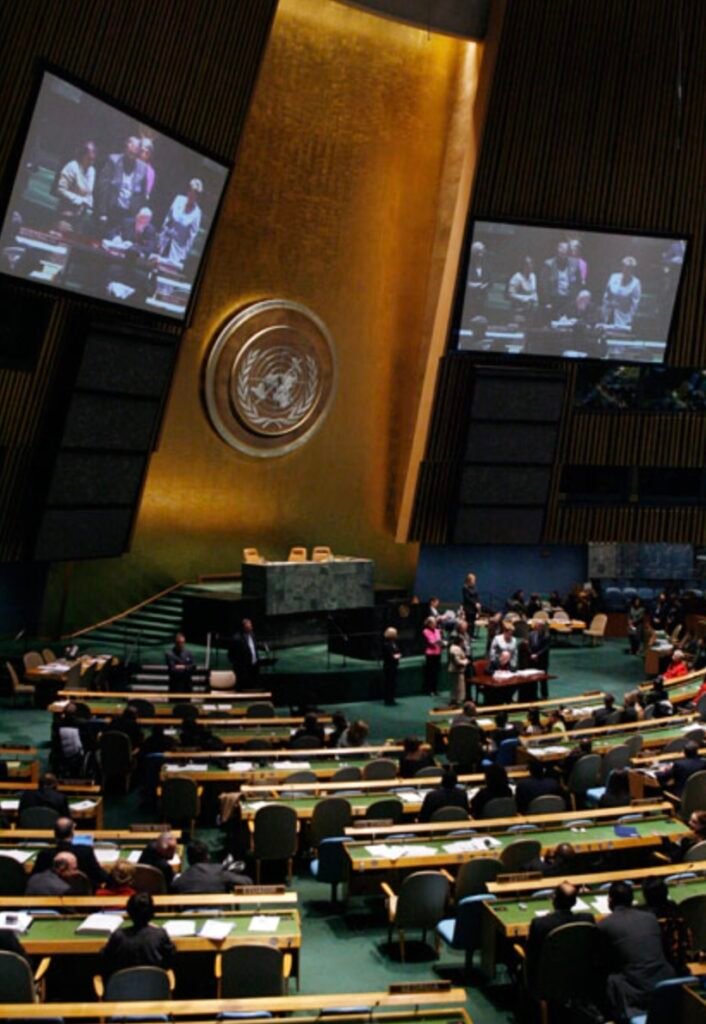 plenaria da onu, dois teloes pessoas discursando.