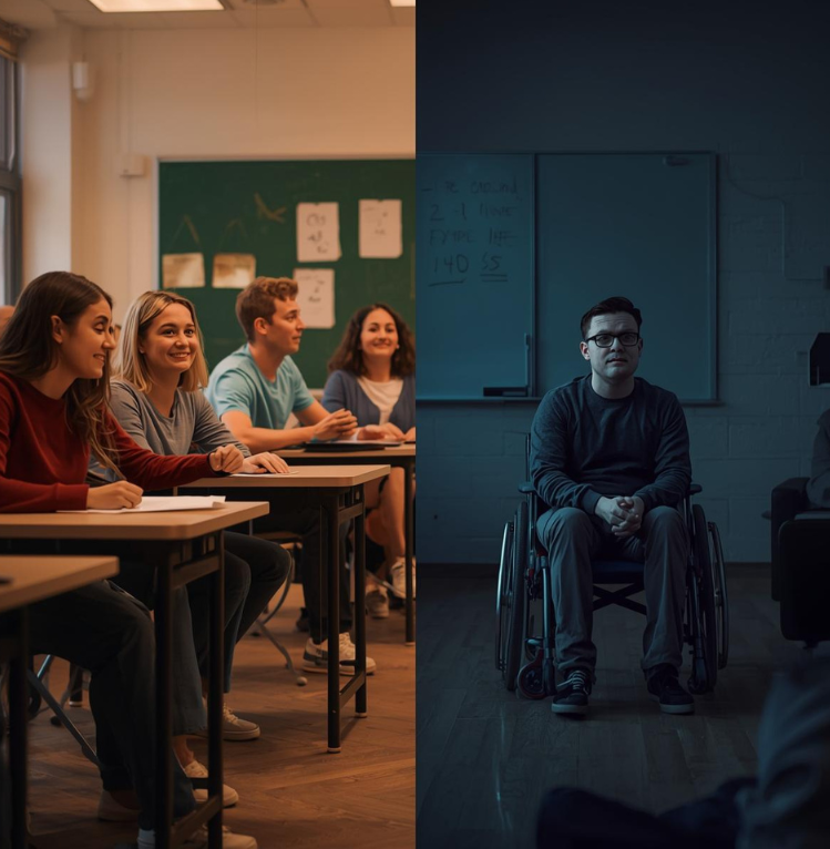 Imagem dividida verticalmente. À esquerda, uma sala de aula clara com quatro jovens estudantes sorrindo e prestando atenção. À direita, o forte contraste: um homem jovem de óculos, sentado em uma cadeira de rodas, isolado e sozinho em uma sala de aula completamente escura e vazia.